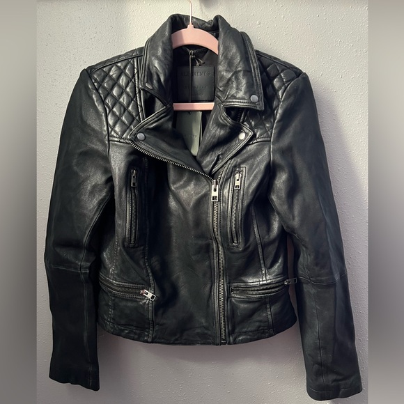 New AllSaints Cargo Distressed Leather Biker Jacket in Black Size 8 - Picture 3 of 9